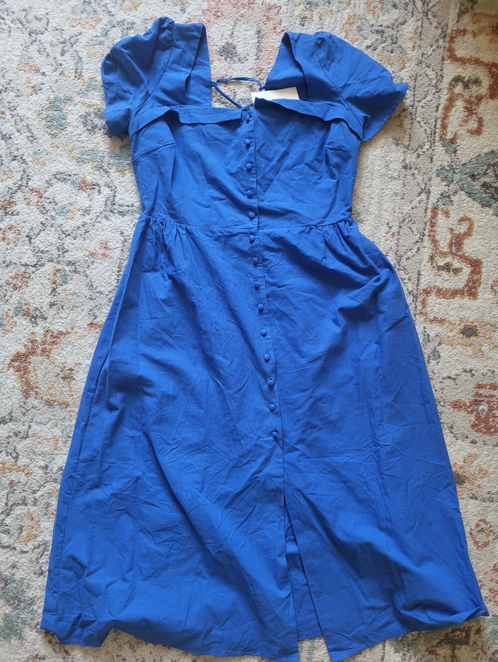 NWT Rihoas Royal Blue Square Neck Short Sleeves Button Down A-line Midi Dress